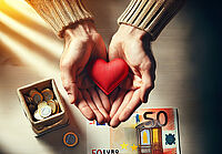 Spende, Geld Auf Tisch und in der Hand ein Herz